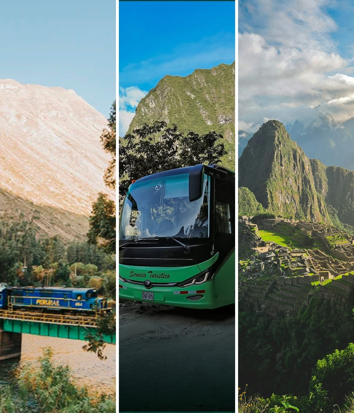 Train, bus and Machu Picchu citadel